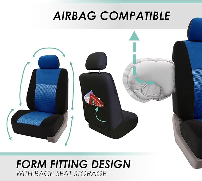 FH Group Car Seat Covers Trendy Elegance Three Row Car Seat Covers Set, Airbag Compatible and Split Ready, 8 Seater Covers-Universal Fit for Cars, Trucks & SUVs Blue/Black