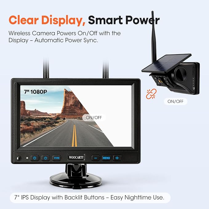 Solar Magnetic Wireless Trailer Camera, 7" IPS DVR Screen + Solar Powered Night Vision Rearview Camera, 100% No Wiring Waterproof Backup Camera System for RV Truck Camper Trailer Hitch, BS1
