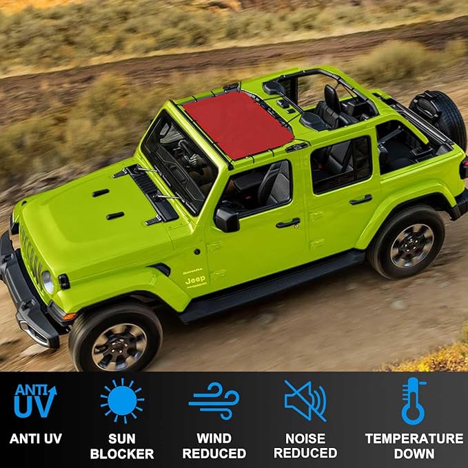 JT JL Top Sun Shade Roof Compatible with Jeep Wrangler and Gladiator 2 or 4 Door 2018 to 2023 Sunshade Sunroof Blocks UV Wind Noise Cherry Red Mesh for Front