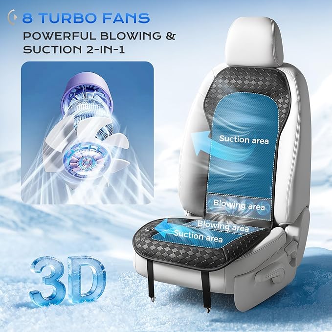 Coverado Upgraded Cooling Car Seat Cover，12V-24V Ventilated pad Built with 8 Turbo Fans, 3-Speed Dual Blowing & Suction for Effective Cooling Universal Black Cushion, Great for Summer Driving