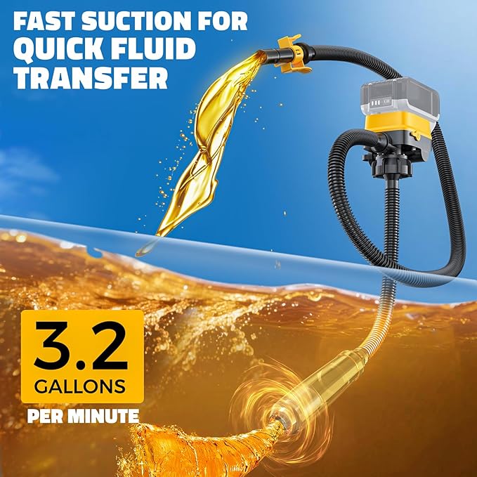 DIYtoolifz Cordless Fuel Transfer Pump with Auto-Stop, 3.2 GPM Flow Portable Fuel Pump Compatible with DeWalt 20V & Milwaukee 18V Batteries, with 41'' Hose, 3 Adapters for Diesel, Gasoline (Bare Tool)