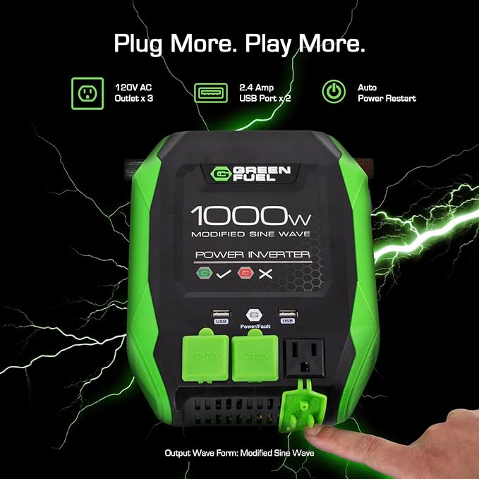 1000W Power Inverter 2000W Peak w/DC 12V to 3X 120V AC, 2X 2.4Amp USB, Mounting Brackets and Clamps Included