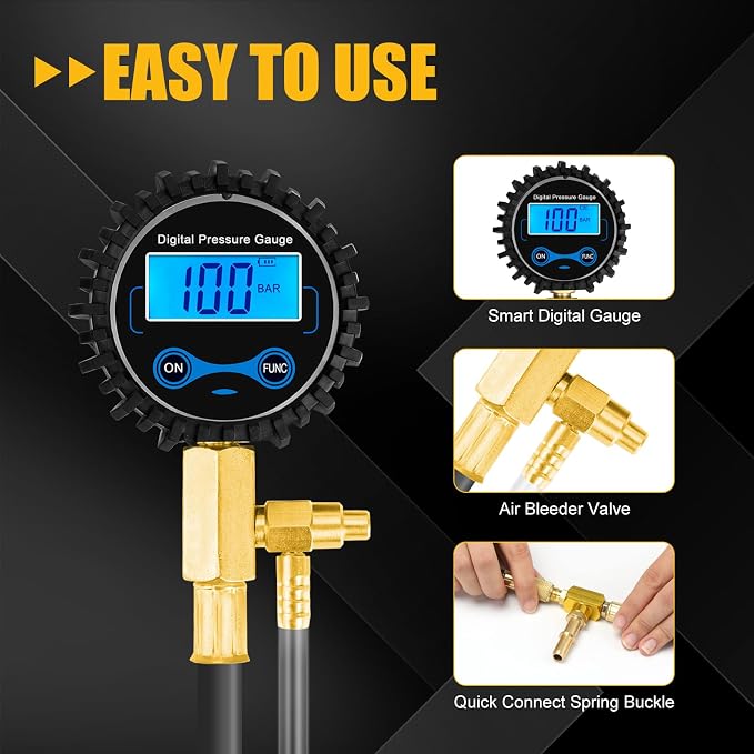 BETOOLL Digital Fuel Pressure Tester Kit - Fuel Pressure Gauge 0-300 PSI with 9.49,7.89,6.30 Fuel Line Fittings Automotive Test Tool Kit