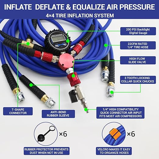 4 Way Tire Inflator System, Fits Up to 155" Wheelbase, Rapid High Flow Off Road Tire Deflator Kit, Universal 4 Way Tire Air Up Down Hose Kit for Truck Car Motorcycles Off Road Vehicles