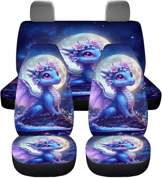 Dragon Car Seat Cover Set, 4 Front Rear Split Bench Seat Cushion, 1 Steering Wheel Wrap, 2 Gear Lever Cover Hand Brake Cover and 2 Seatbelt Pad Wrap, 2 Cup Holder Coaster, 11 Piece