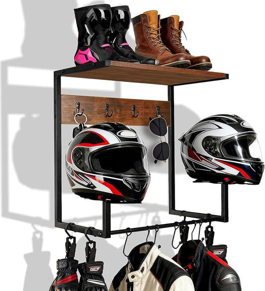 NANXITU Motorcycle Helmet Holder Wall Mount, Wooden Helmet Display Stands with Metal Frame Tiered Organizer,with 2 Helmet Rack,4 Glove Chips and 8 Hooks for Motorcycle Gear Accessories Storage