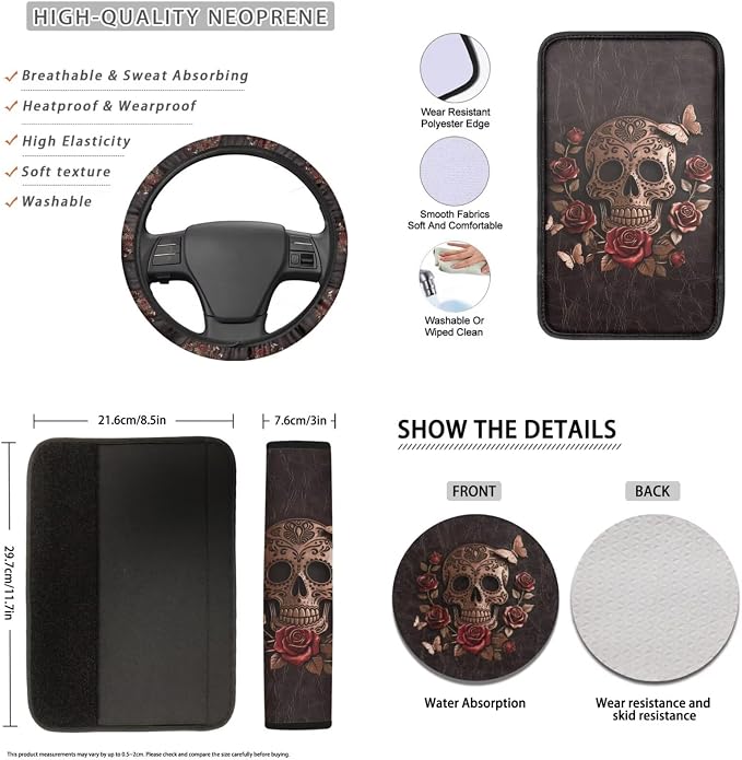 Lotusorchid Skull Print Car Seat Covers Full Set, Rose Butterfly Printed Car Front Back Seat Covers Headrest Cover, Non-Slip Gear Shift Knob Protector Steering Wheel Cover Set of 16
