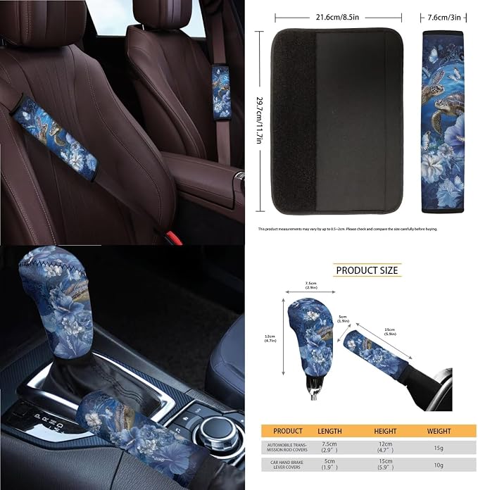Sea Turtle Print Car Interior Cover Set Hibiscus Butterfly Print Car Front and Rear Seat Covers Steering Wheel Cover Armrest Pad Safety Belt Pads Rear View Mirror Protector, 14Pcs