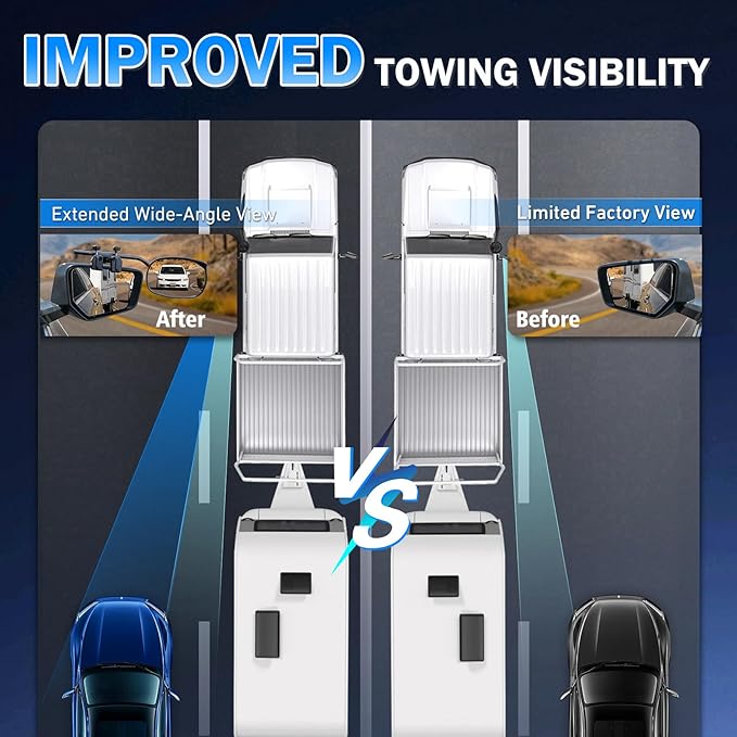Mirror Extenders for Towing with Rain Visor, Adjustable Clip On Tow Mirrors, Universal Side Mirror Extensions for Car Truck Trailer RV SUV, Waterproof Rearview Towing Mirror Extensions, 2 PCS