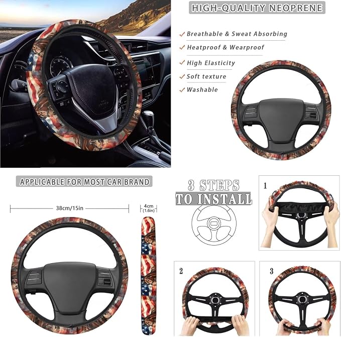 Horse American Flag Pattern Car Seat Covers Full Set, Car Interior Decor Set of 10 Steering Wheel Cover Cup Coasters Car Trash Can Air Vent Pounch Bag Keychain Universal Fit for SUV Truck Van
