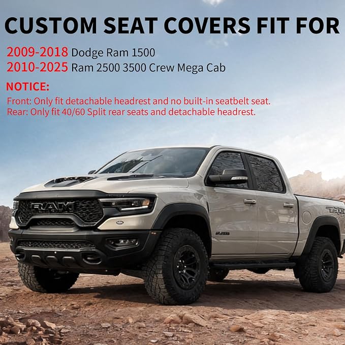 Truckiipa Custom for Dodge Ram Seat Covers Full Set Leather Full Coverage Truck Seat Cover Protector Cushion Fit for 2009-2018 Dodge Ram 1500, 2010-2025 Ram 2500 3500 Crew Mega Cab, Full Set, Grey