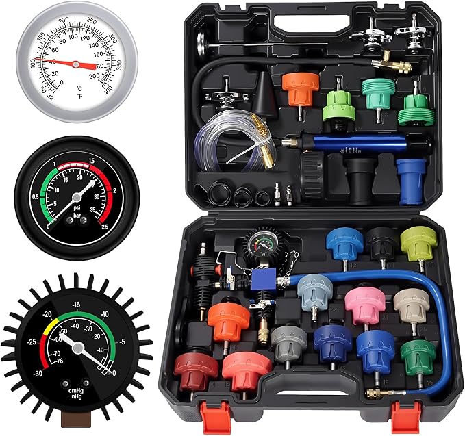 VTG VOGTEN 31PCS Coolant Pressure Tester Kit,Radiator Pressure Tester and Vacuum Refill Kit for Automotive Cooling System Water Tank Leakage Detection