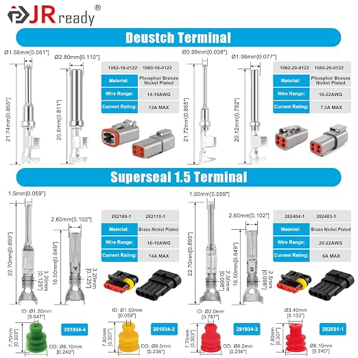 JRready ST6529 610Pcs Pin Connectors Kit Deutsch 16# 20# Molex .093” .062” Mini-fit Jr. Micro-fit Superseal 1.5 Terminal Connector Pins Car Electrical Automotive Pin Socket Wire Terminals