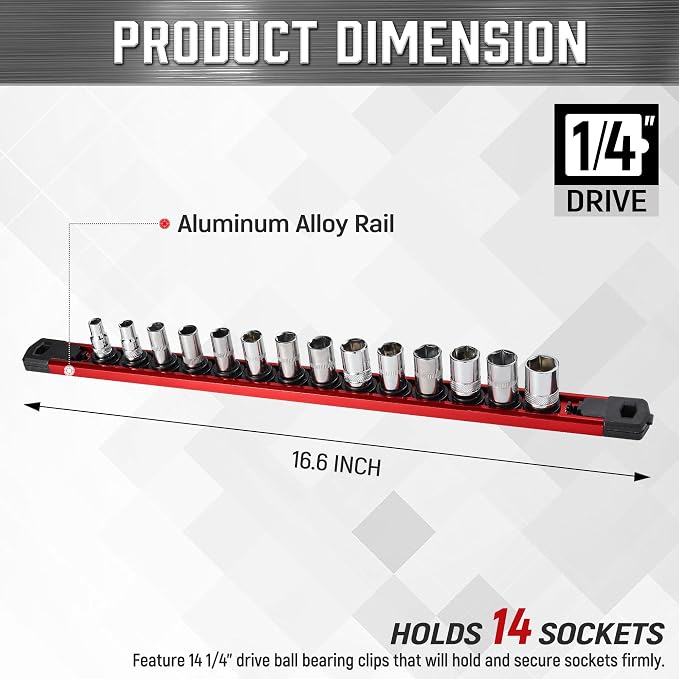 ALOANES 3/8 Red Magnetic Socket Organizer and 64-Piece 3/8" Drive Socket Set, SAE (5/16"-1") & Metric (6mm-24mm)