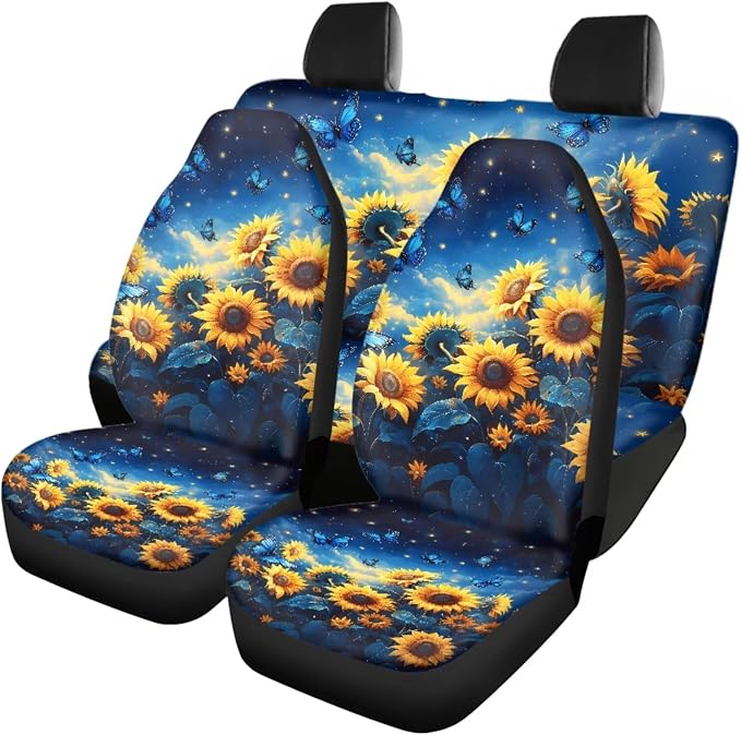 Sunflower Butterfly Print Car Seat Covers Car Floor Mats Steering Wheel Cover Armrest Pad Seat Belt Pads Roof Handle Wraps Cup Coasters Keychains Auto Interior Accessories Set of 18