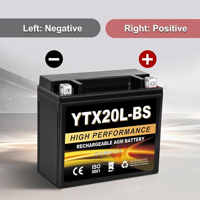 YTX20L-BS 12V 20Ah AGM Sealed Motorcycle Battery, Maintenance-Free, Compatible with ATV UTV Snowmobile Honda Gold Wing GL1800, TRX680, VTX1800
