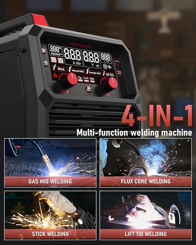 YESWELDER 165A MIG Welder, 110V/220V Dual Voltage, 4 in 1 Gas MIG/Flux Core MIG/Lift TIG/Stick Multiprocess Large LED Digital Display MIG Welding Machine