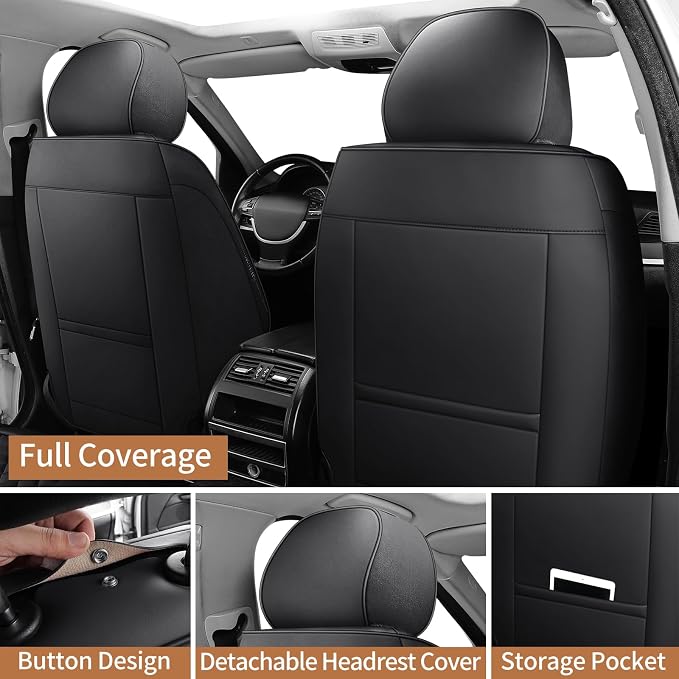 Black Leather Car Seat Covers Full Set Breathable Seat Protectors Waterproof Automotive Seat Covers Universal Fit for Most Cars SUVs Trucks Vehicles