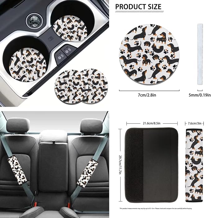 Black Dachshund Dog Car Seat Covers 12 Pcs Full Set Dog Lover Car Interior Set Durable Auto Steering Wheel Cover Dog Paw Seat Belt Pads Chapstick Holder Keychain for Women