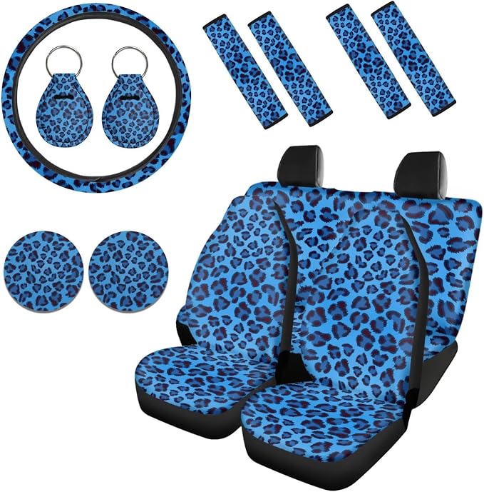 Howilath Blue Leopard Print Car Seat Cover Full Set with Steering Wheel Covers+Seat Belt Cover Pad+Keychains+Cup Coasters Fit Most Vehicle - 13 Piece