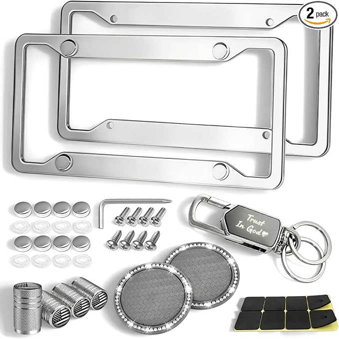 Rugged Stainless Steel License Plate Frame 2 Pack, Resistant Rustproof Car Tag Holder with Anti-Theft Screw Caps, Rattle-Proof Pads, Tire Valve Caps, Keychain & Cup Holder Mats, Car Accessories Set