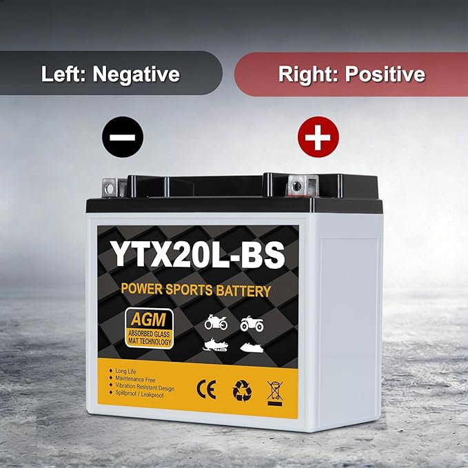 YTX20L-BS 12V 18Ah Motorcycle Battery, 310CCA Sealed AGM Maintenance Free Powersport Battery, Replacement for ATV, UTV, Harley, Scooter