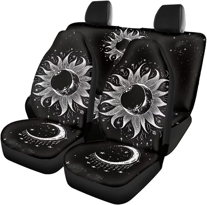 Moon Stars Car Seat Covers Black Auto Front Back Seat Covers Set of 12，Univesal Fit Moon Stars Cup Mat+Keychain+15Inch Elastic Steering Wheel Cover+Safety Seatbelt Cushion Car Interior Set