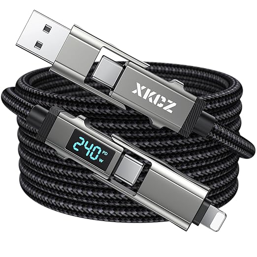 4 in 1 USB C Cable with Wattage Display, 240W Round Nylon Braided Multi Charging Cable with Data Sync, USB C Charging Cord Combo Type C/USB A/iPhone Port for iPhone/iPad/Samsung/Laptop, 5FT