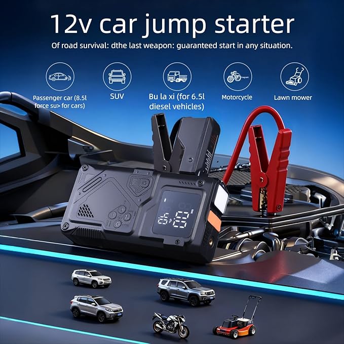 Jump Starter 12V, 10000mah Jump Starter with Air Pump and Compressor, Portable Jump Box, LCD Display,LED Emergency Light,Power Bank & Jumper Cables,for 8.5L Gas and 6.5L Diesel Engines