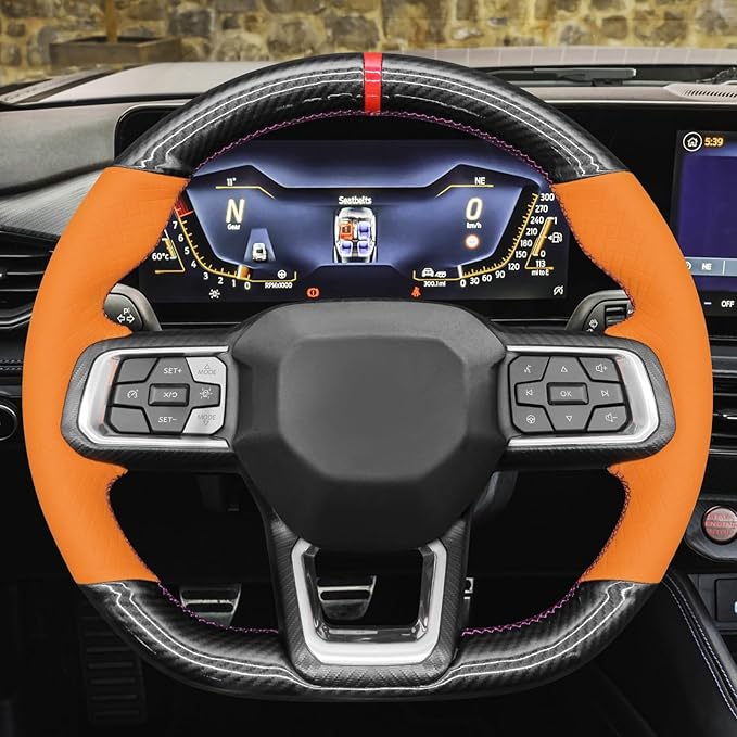 MEWANT Steering Wheel Cover for Ford Mustang 2024 Hand-Stitched Leather Steering Wheel Wrap