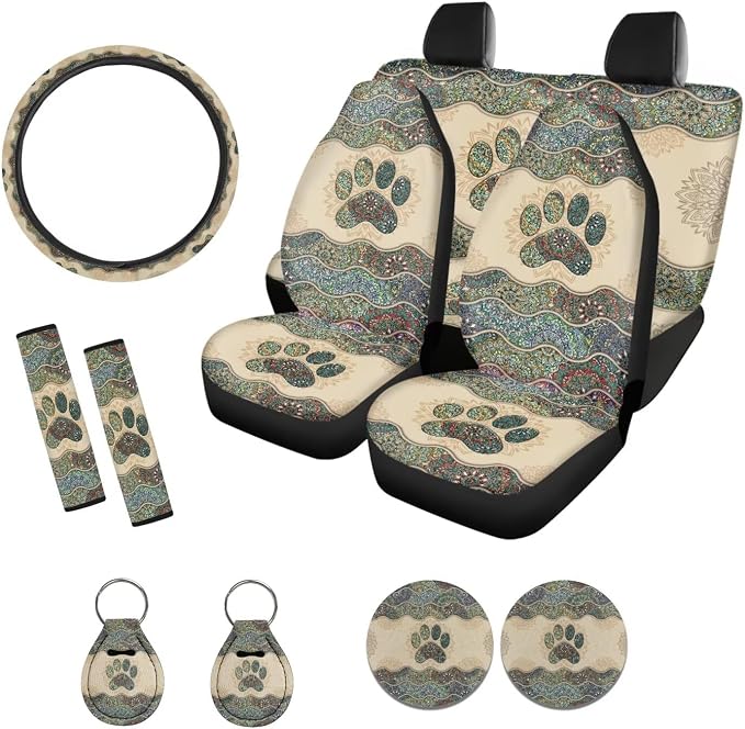 Suobstales Boho Mandala Dog Paw Print Car Accessories for Women Men Car Seat Covers Full Set Interior Cover Seat Protectors with Steering Wheel Cover, Seat Belt Pads, Coaster, Keychains