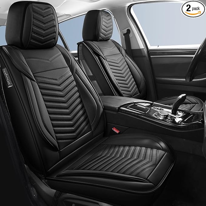 HChengkikz Car Seat Covers, Breathable & Waterproof Faux Leather Automotive Seat Covers for Cars SUV Truck Sedan, Universal Anti-Slip Driver Seat Cover with Backrest (2 PCS Front Seat, Black)