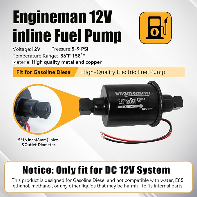 Universal Electric Fuel Pump 12V 5-9 PSI Inline External 5/16 Inch Compatiable with Gas Diesel Marine Carburetor Marine E8012S