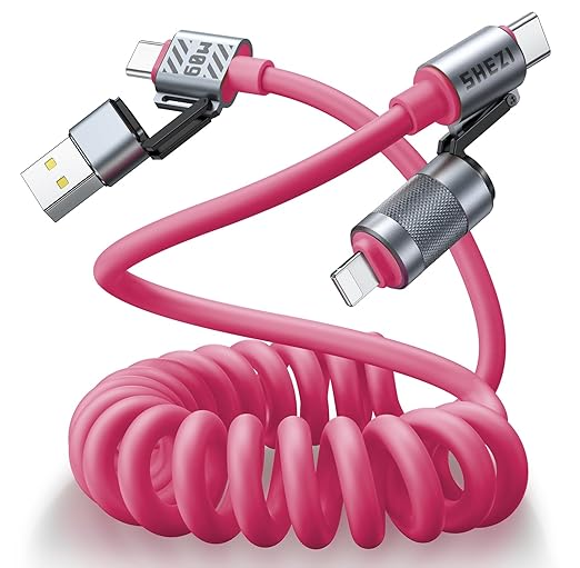 4-in-1 Coiled USB C Cable for Car 5FT [60W Fast Charging] Compatible with Lightning Cable [CarPlay & Android Auto] Multi Charger Cord Combo with L/Type C/USB A Ports for iPhone/iPad (Pink)