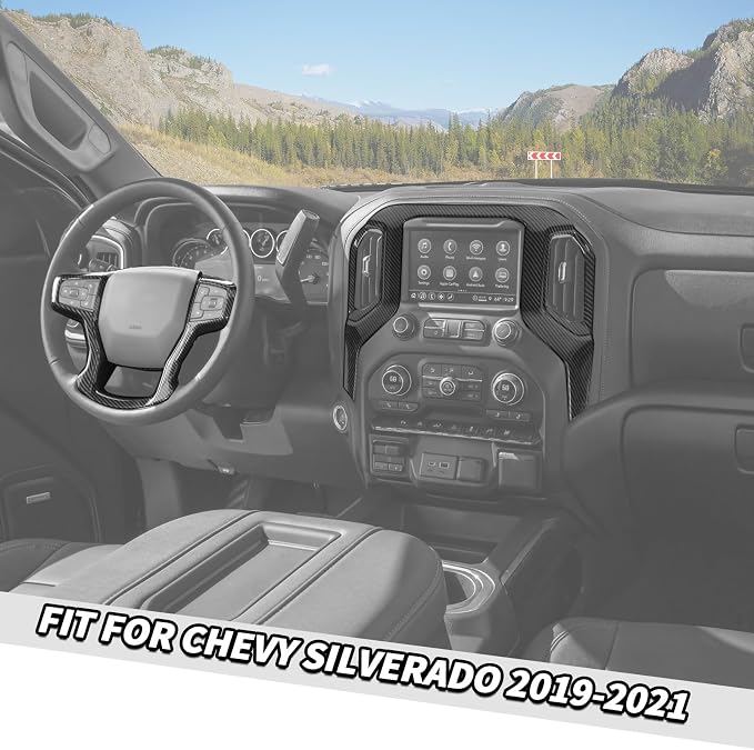 Jimen Fit for Chevy Silverado 2019-2021, 2PCS Center Console Navigation Screen Panel Cover Trim