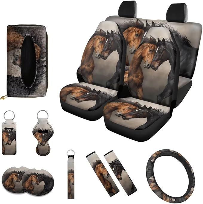 Poceacles Brown Black Horse Car Front Rear Seat Covers Full Set 13 PCS, with Steering Wheel Cover Seat Belt Covers Coasters Keychains Lip Balm Holder Tissue Case for Women Breathable Car Accessories