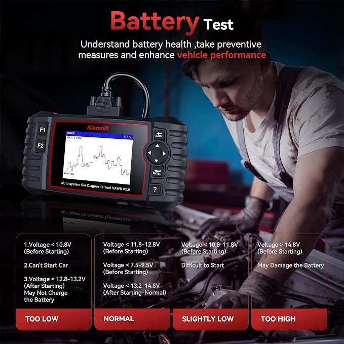 iCarsoft VAWS V2.0 2026 Ver All System Diagnostic Tool for VW Audi Bentley Bugatti Seat Man LD Skoda Etc 9 Services Live Data Battery Test OBD2 Scanner Lifetime Free Update Check Engine Code Reader