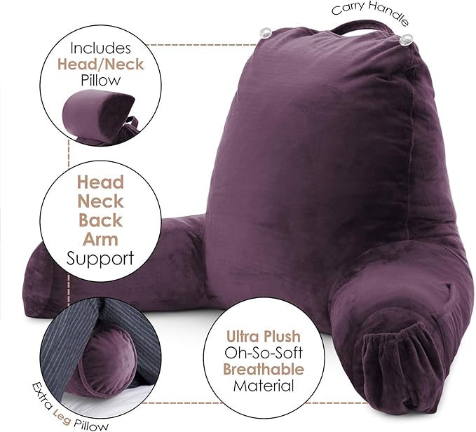 Nestl Reading Pillow with Shredded Memory Foam Includes 2 Neck and Lumber Support Pillows, Designed for Sitting Up in Bed and Couch, Back and Arms Adjustable Support for Adult & Teens, Purple
