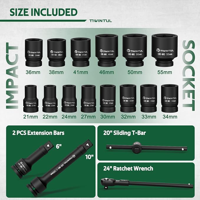 1 Inch Drive Impact Socket Set for Truck, Excavator & Construction Equipment Repair, 21-55mm Metric Heavy Duty CR-MO Socket Set, 18 Pcs with 24" Ratchet Wrench, Sliding T-Bar & Extension Bars