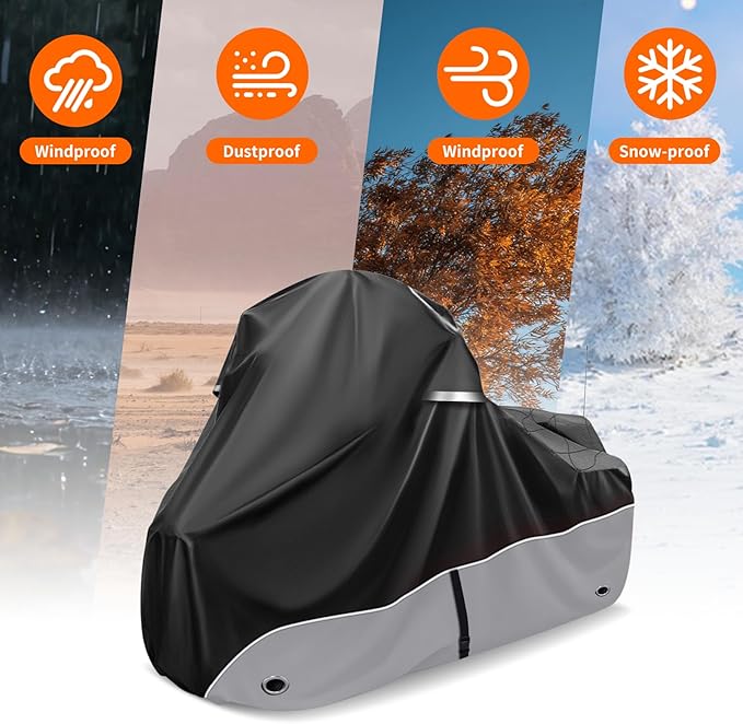 Motorcycle Cover, 107 Inch Touring Models Specific Vehicle Cover Storage Suitable for Road King, Road Glide, Street Glide, Electra Glide, Low Rider-ST and Most Motorcycles Grey