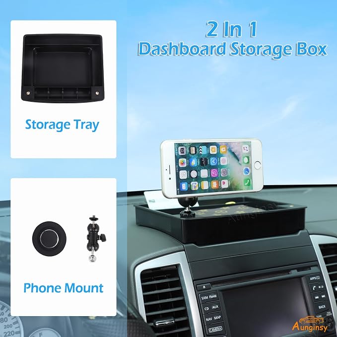 Aunginsy Center Console Dash Storage Tray with Magnetic Phone Holder Compatible with Nissan Frontier 2009-2017, Dashboard Multi-Functional Mobile Phone Mount Storage Box Organizer Tray Accessories