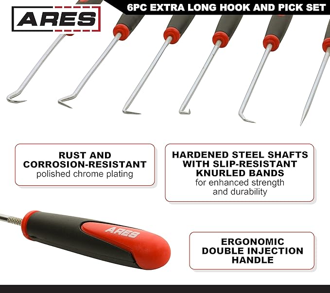 ARES 10035 – Extra Long Precision Hook and Pick Set - 6-Piece Set Includes Angled, Straight, and Full Hooks and Picks - Hardened Steel Shafts - Easily Remove Hoses, O-Rings, and Gaskets