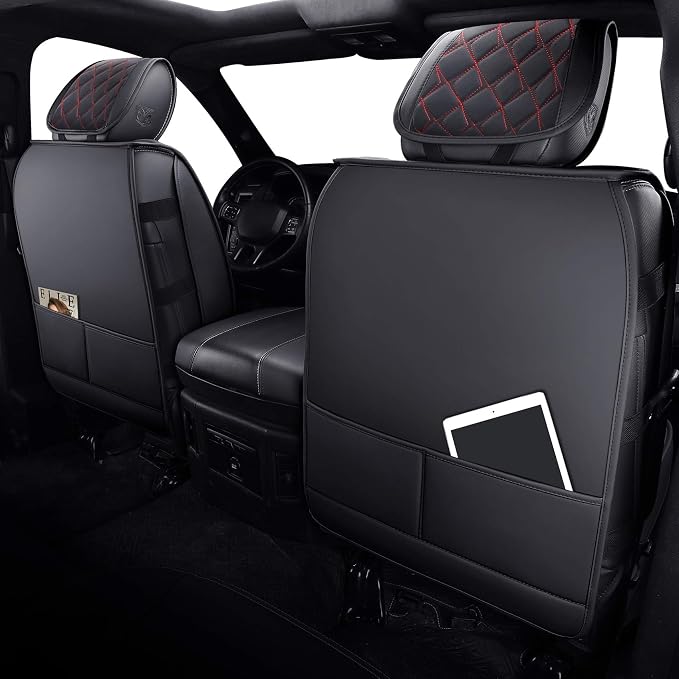 Aierxuan Dodge Ram Car Seat Covers Full Set Waterproof Leather Custom Fit 2009-2026 1500, 2010-2026 2500/3500 Crew Quad Regular Cab Truck Pickup with Split Bench 60/40(Full Set/Black-Red)