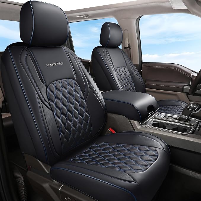 Huidasource Front Seat Covers for Dodge Ram, Leather Car Seat Cushion Cover Fit for 2009-2018 ram 1500, 2010-2025 ram 2500/3500 Crew/Mega Cab, 2019-2025 ram 1500 Classic Only (Flat Front/Black&Blue)