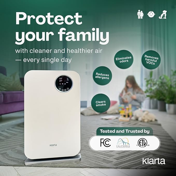 Air Purifier for Home - Smart WiFi App - Ultra Quiet 20 dB - Removes Allergens, Smoke & Odors - 99.97% Particle Filtration - Up to 1237 ft² - Klarta Forste Pink