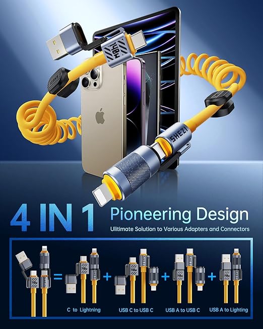 4-in-1 Coiled USB C Cable for Car 5FT [240W Fast Charging] Compatible with Lightning Cable [CarPlay & Android Auto] Multi Charger Cord Combo with L/Type C/USB A Ports for iPhone/iPad (Yellow)