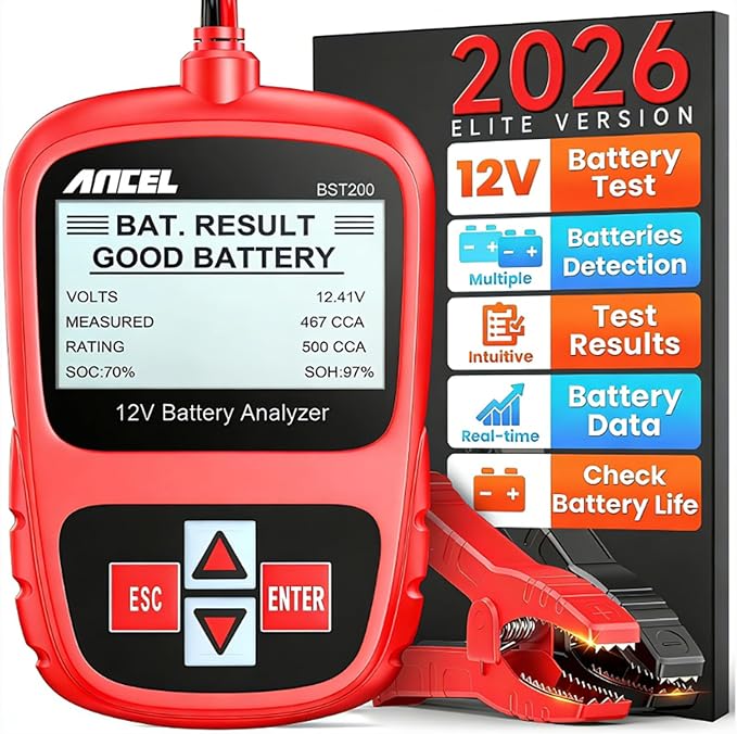 ANCEL BST200 Car Battery Tester 12V Battery Load Tester, 100-1100 CCA Automotive Digital Analyzer Tool with Upgraded Reinforced Clamps for Car Truck SUV Motorcycle Boat Marine Vehicles
