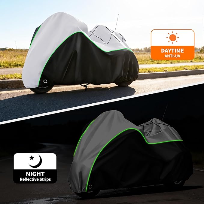 COVERVIN Trike Cover Waterproof, Heavy Duty 3 Wheel Motorcycle Cover for Harley Honda Goldwing Freewheeler Tri Glide Ultra, with Antenna Zipper, Windproof Buckles & Reflective Strips (Black&Silver)