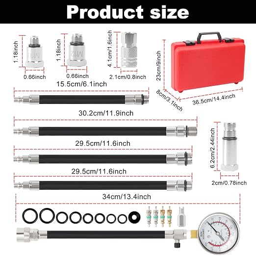 Petrol Compression Test Kit, Engine Compression Tester,2-3/4 | 2-3/4 in Bourdon Tube Gauge, 10 Pieces