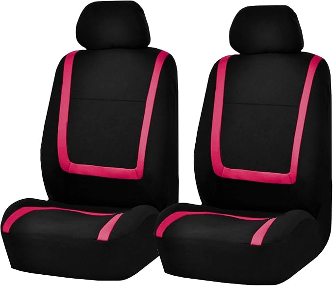 FH Group Automotive Seat Covers Unique Flat Cloth Pink Full Set, Combo Steering Wheel Cover and Seat Belt Pads Rear Solid Bench Universal Fit for Vans Cars Trucks and SUV Interior Accessories